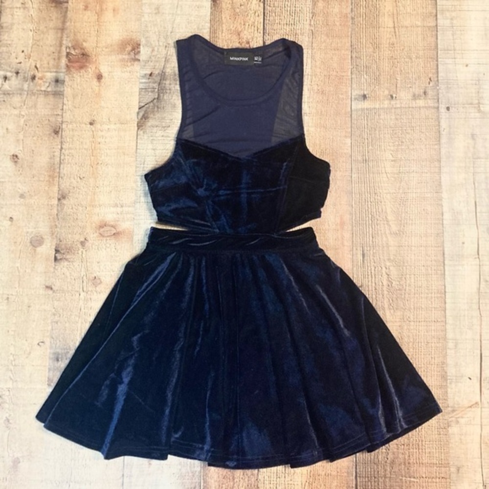 Minkpink Navy‎ Blue Velvet Mesh Cutout Fit and Flare Mini Dress XS